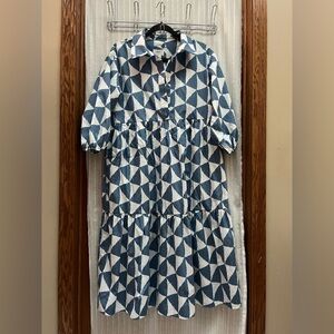 🔆Anthropologie Blue and White Geometric Bettina Midi Dress Size M